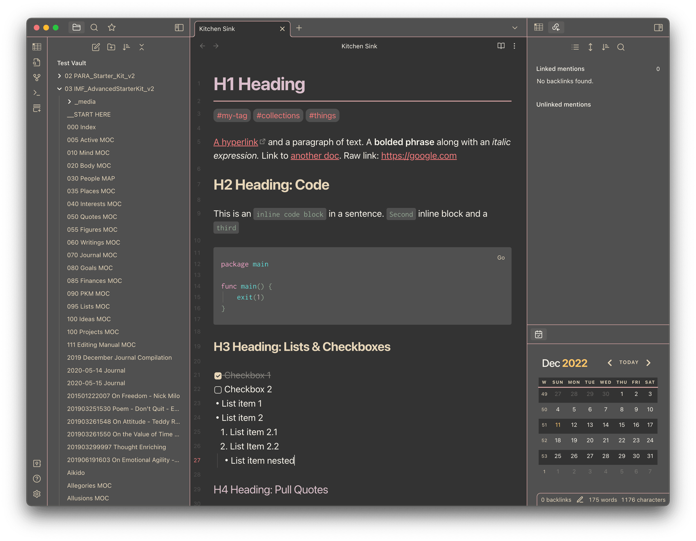 Screenshot of the Zenburn Obsidian theme