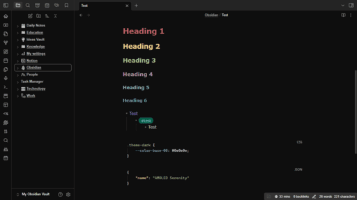 Screenshot of the AMOLED Serenity Obsidian theme