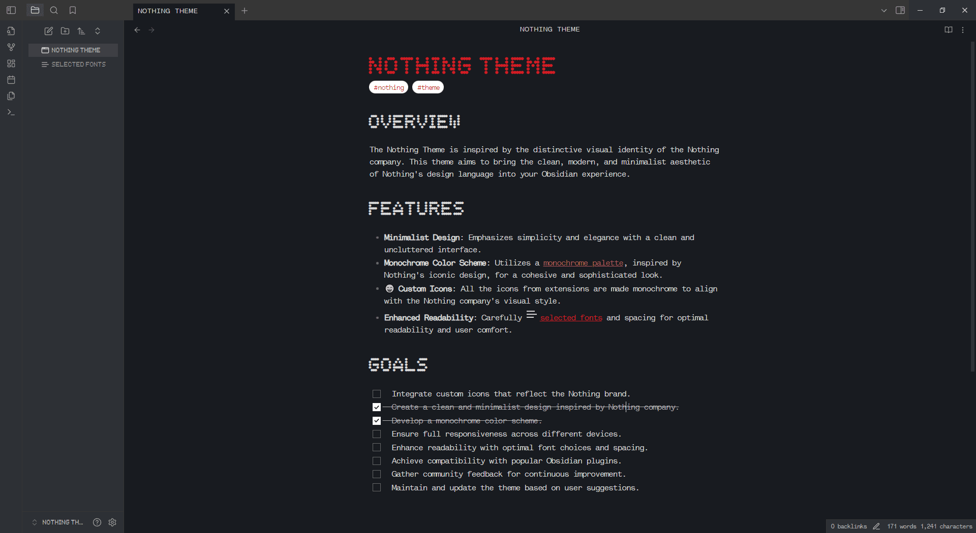 Screenshot of the Nothing Obsidian theme
