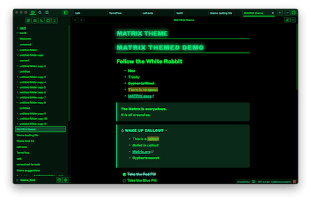 Screenshot of the Matrix Obsidian theme