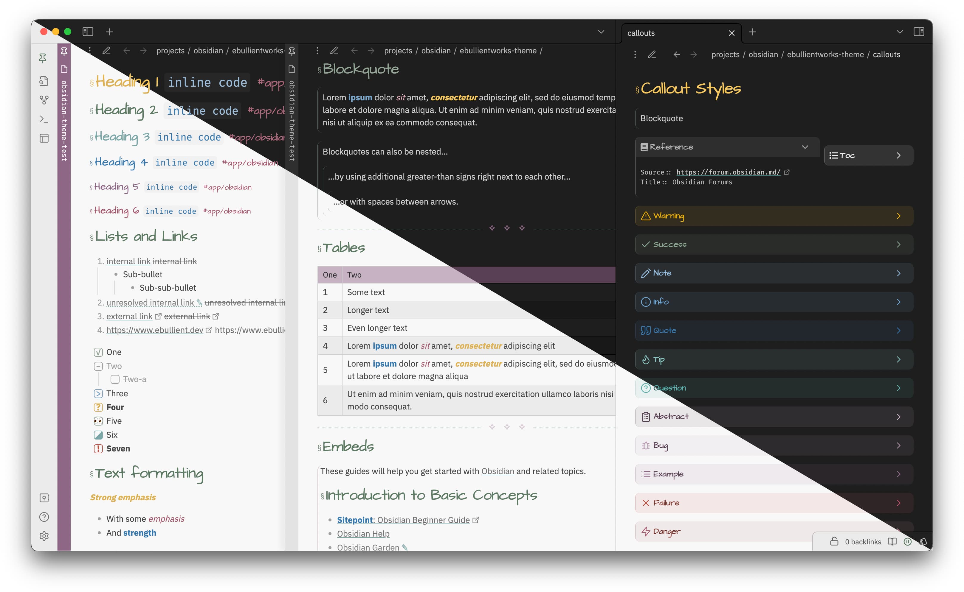 Screenshot of the Ebullientworks Obsidian theme