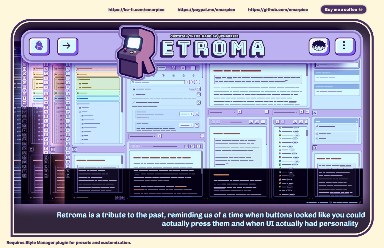 Screenshot of the Retroma Obsidian theme