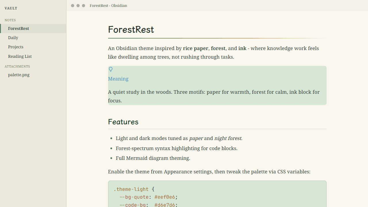 Screenshot of the ForestRest Obsidian theme