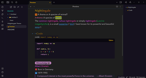 Screenshot of the Nightingale Obsidian theme