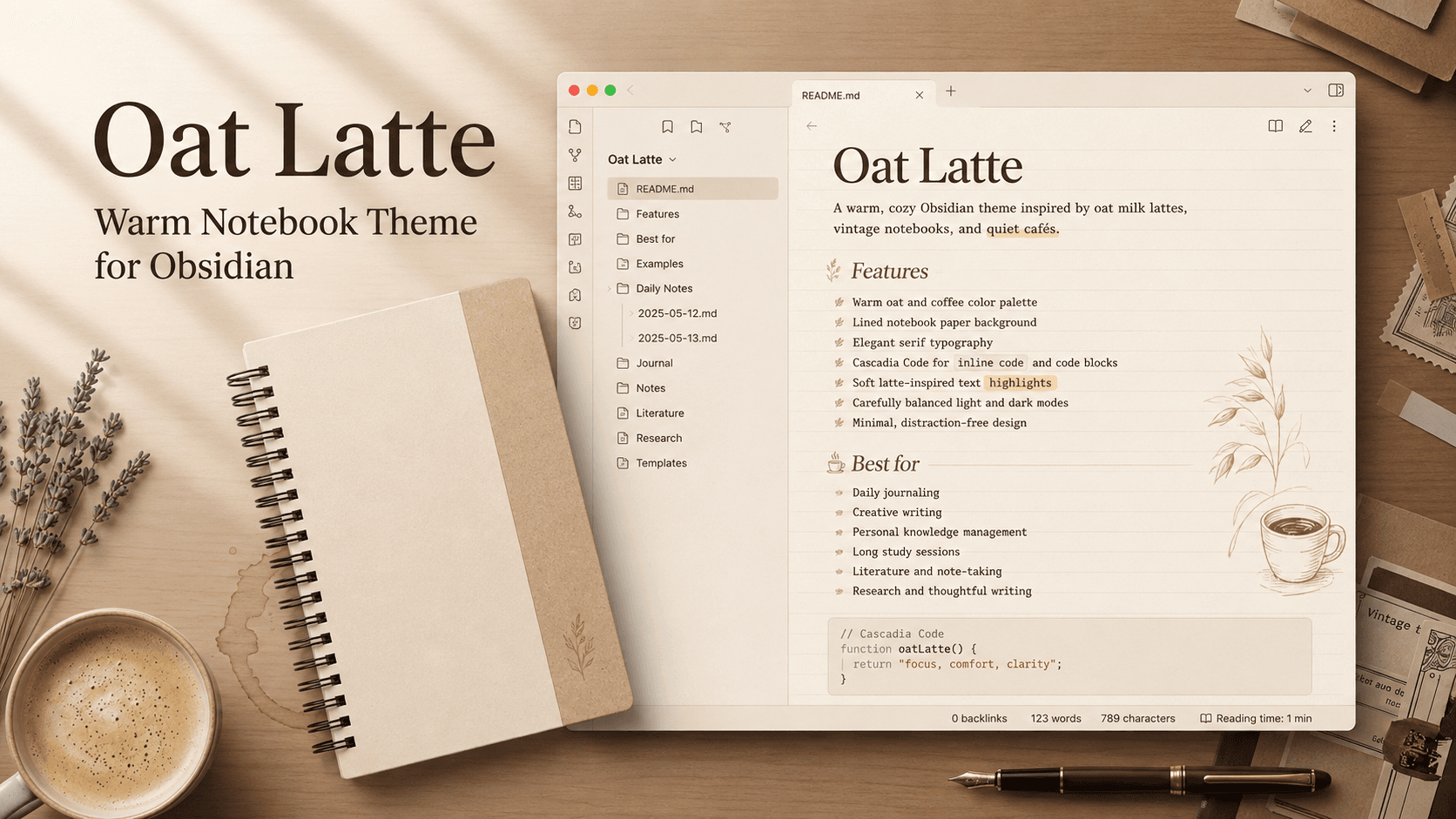 Screenshot of the Oat Latte Obsidian theme