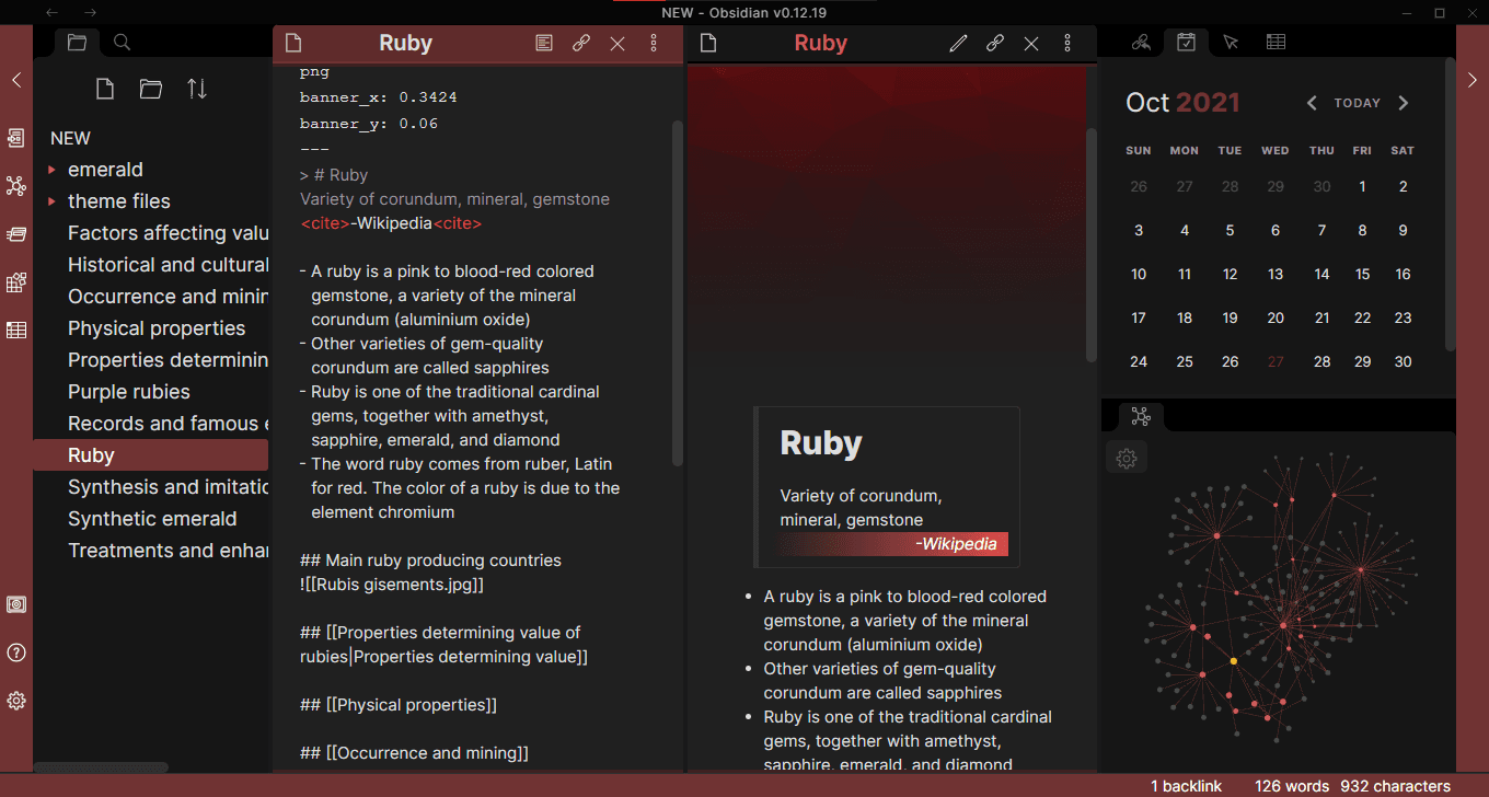 Screenshot of the Ruby Obsidian theme