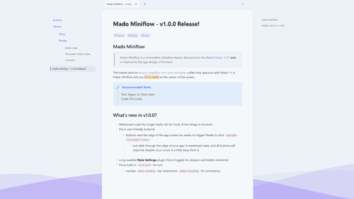 Screenshot of the Mado Miniflow Obsidian theme