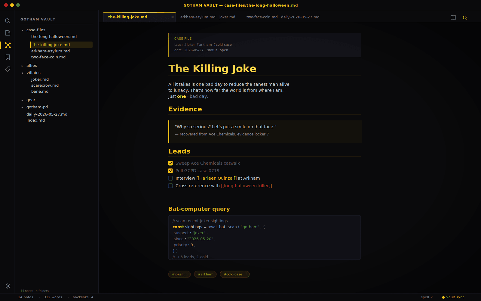 Screenshot of the Dark Knight Obsidian theme