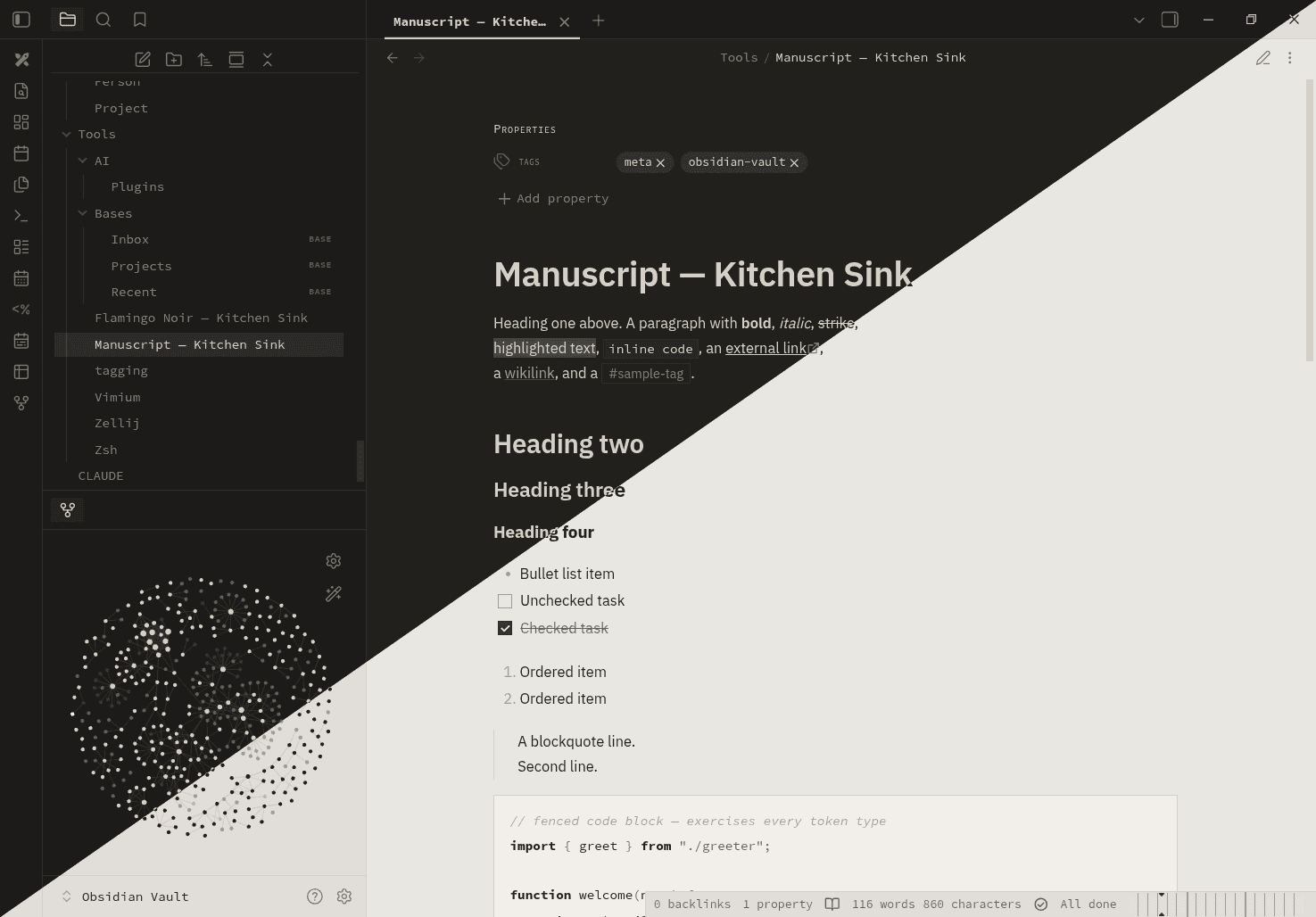 Screenshot of the Manuscript Obsidian theme