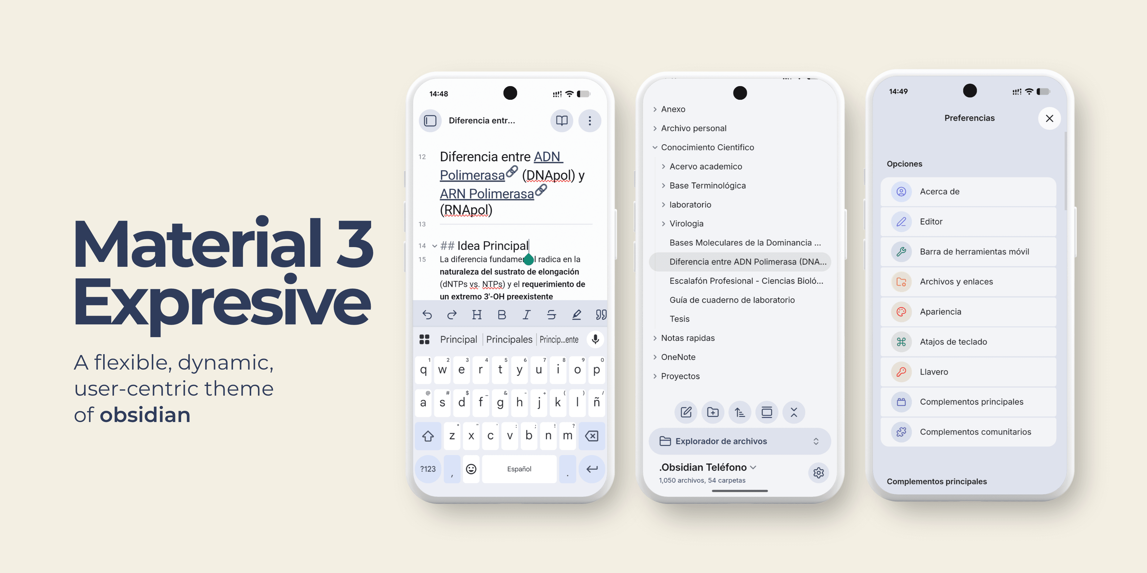 Screenshot of the Material 3 Expressive Obsidian theme