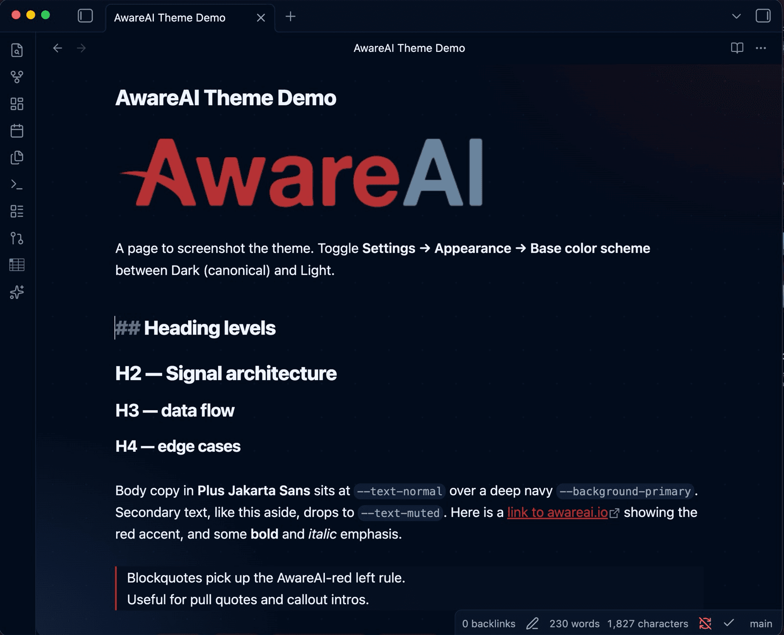 Screenshot of the AwareAI Obsidian theme