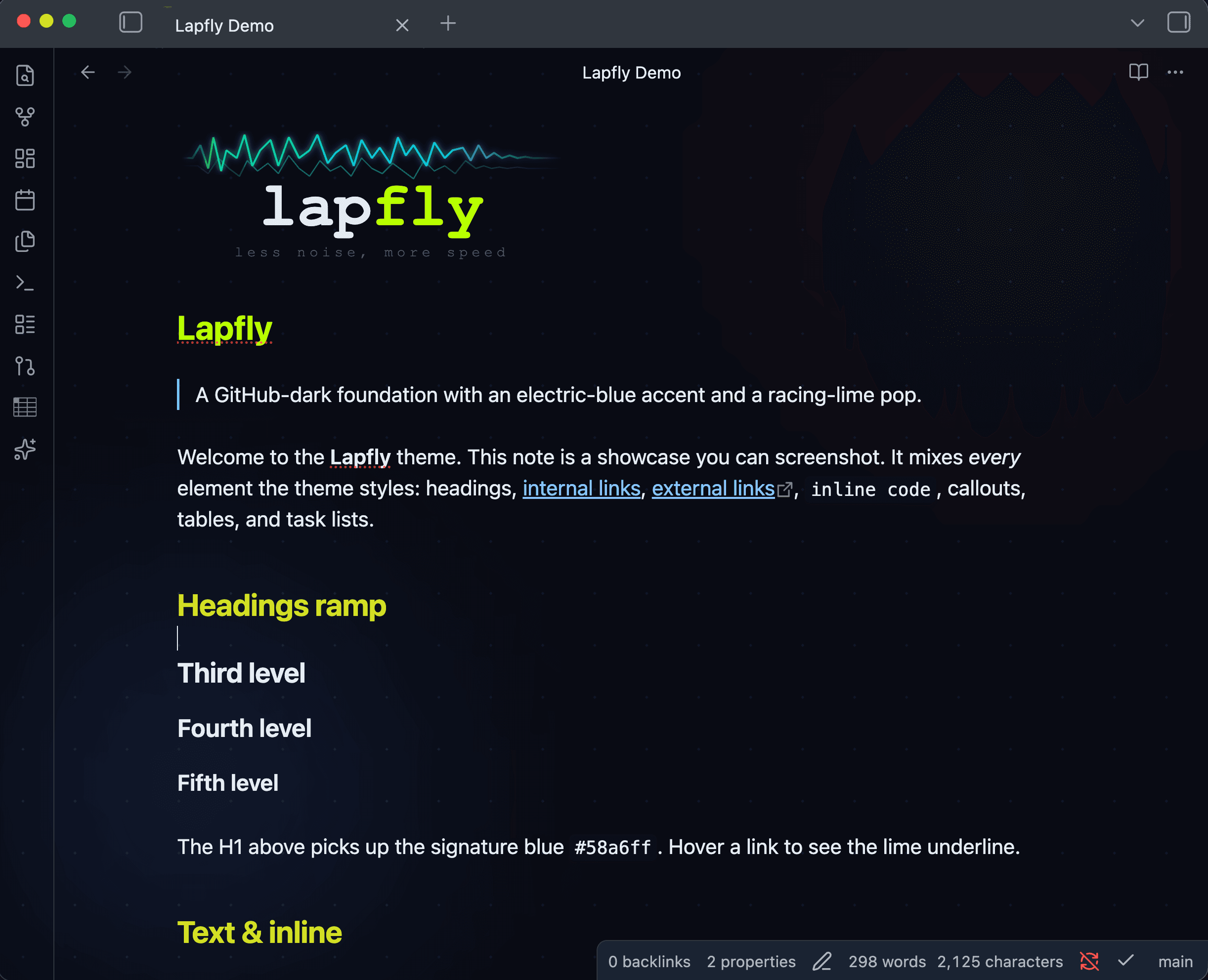 Screenshot of the Lapfly Obsidian theme