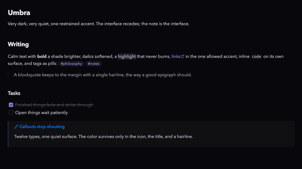 Screenshot of the Umbra Obsidian theme