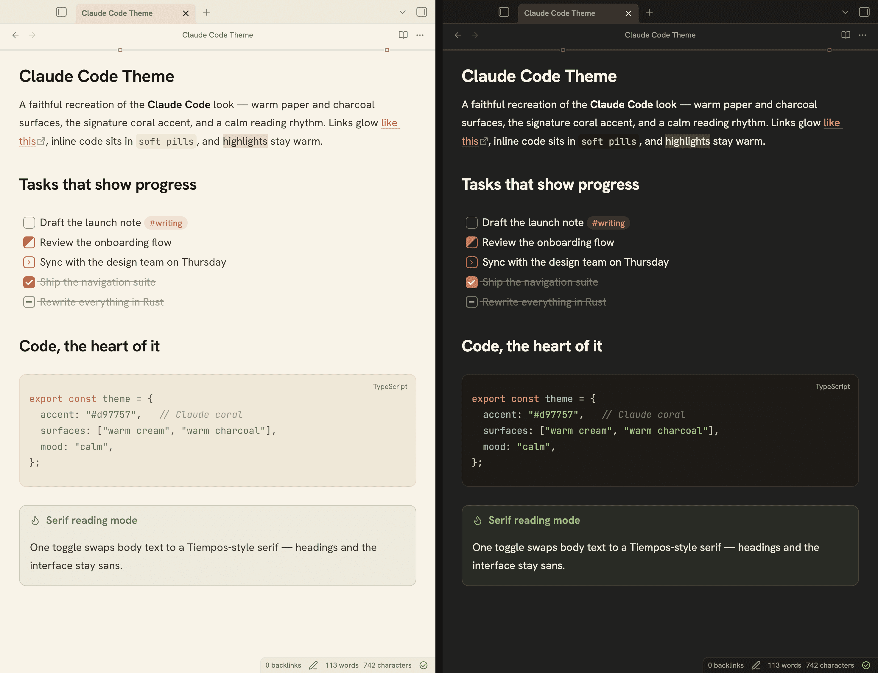 Screenshot of the Claude Code Orange Obsidian theme