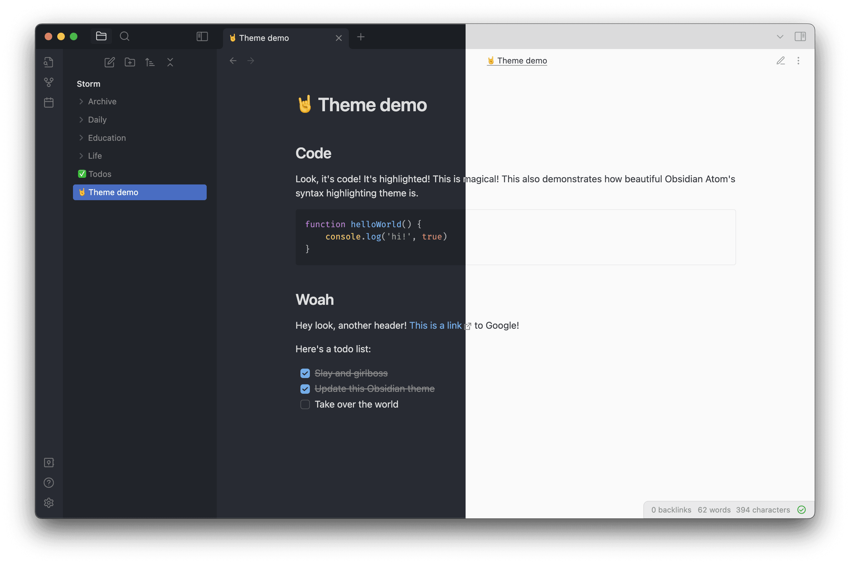 Screenshot of the Atom Obsidian theme