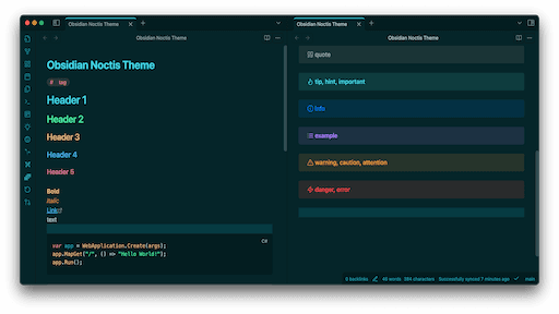 Screenshot of the Noctis Obsidian theme