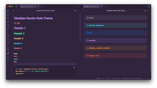 Screenshot of the Noctis Viola Obsidian theme