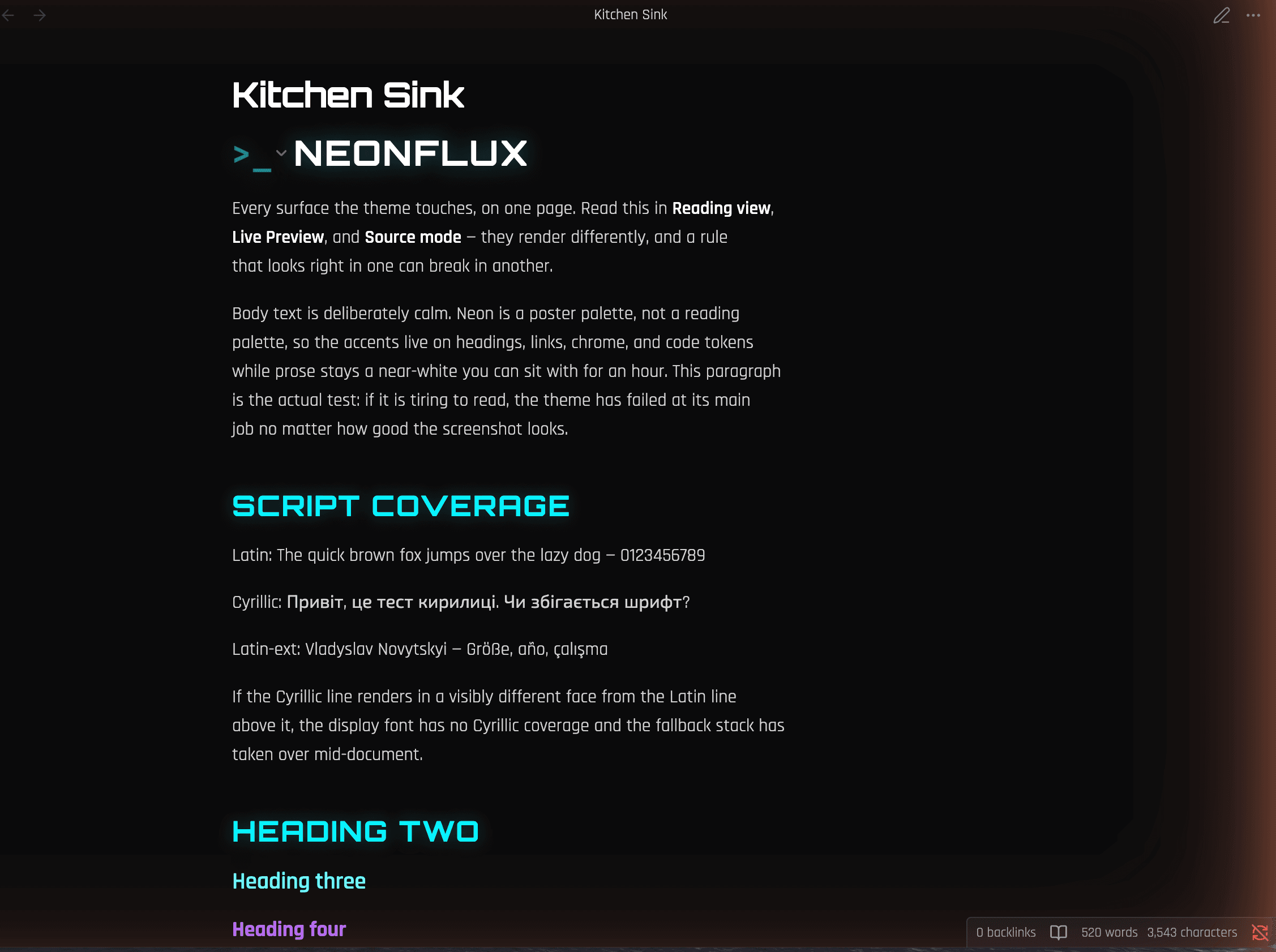 Screenshot of the Neonflux Obsidian theme