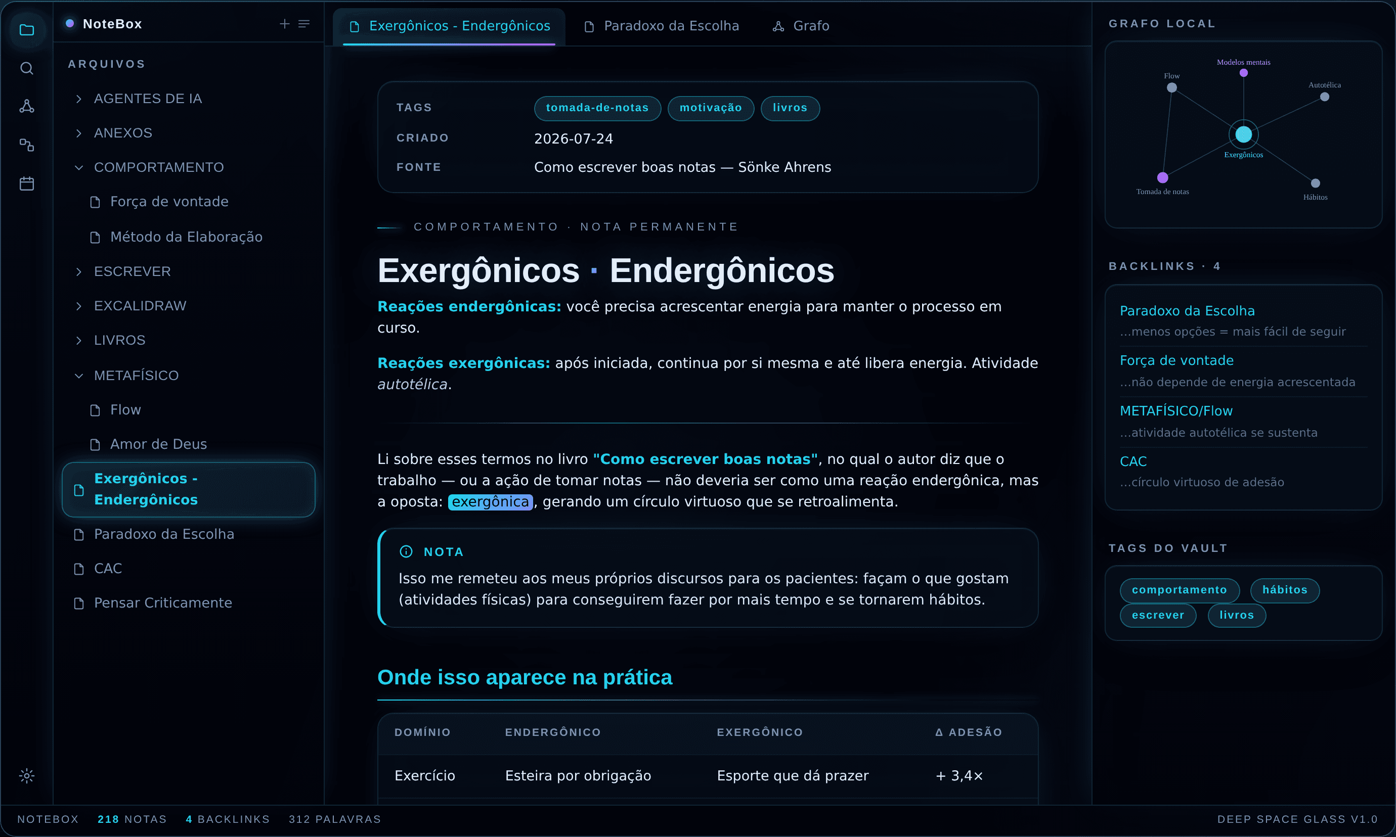 Screenshot of the Deep Space Glass Obsidian theme