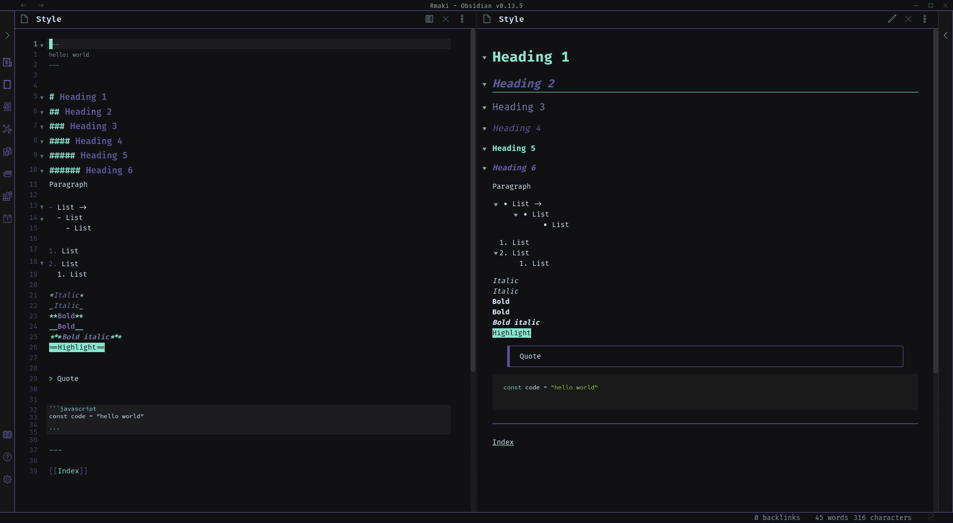 Screenshot of the Rmaki Obsidian theme