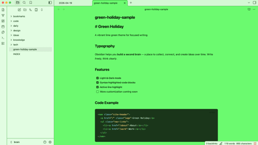 Screenshot of the Green Holiday Obsidian theme