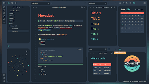 Screenshot of the Novadust Obsidian theme