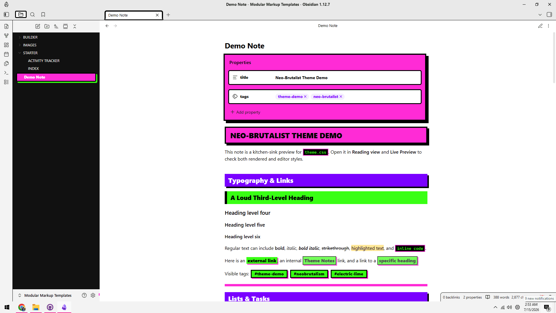Screenshot of the Electrocution Obsidian theme