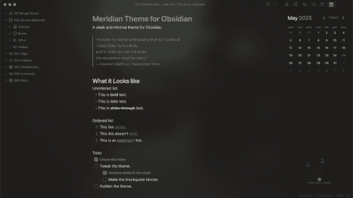 Screenshot of the Meridian Obsidian theme