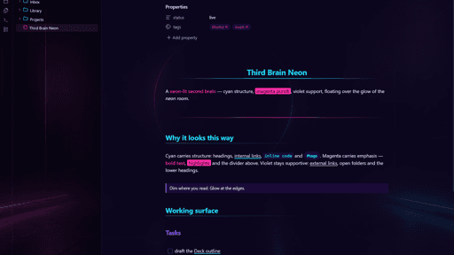 Screenshot of the Third Brain Neon Obsidian theme