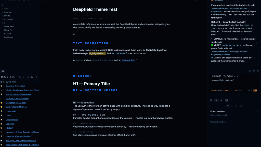 Screenshot of the Deepfield Obsidian theme
