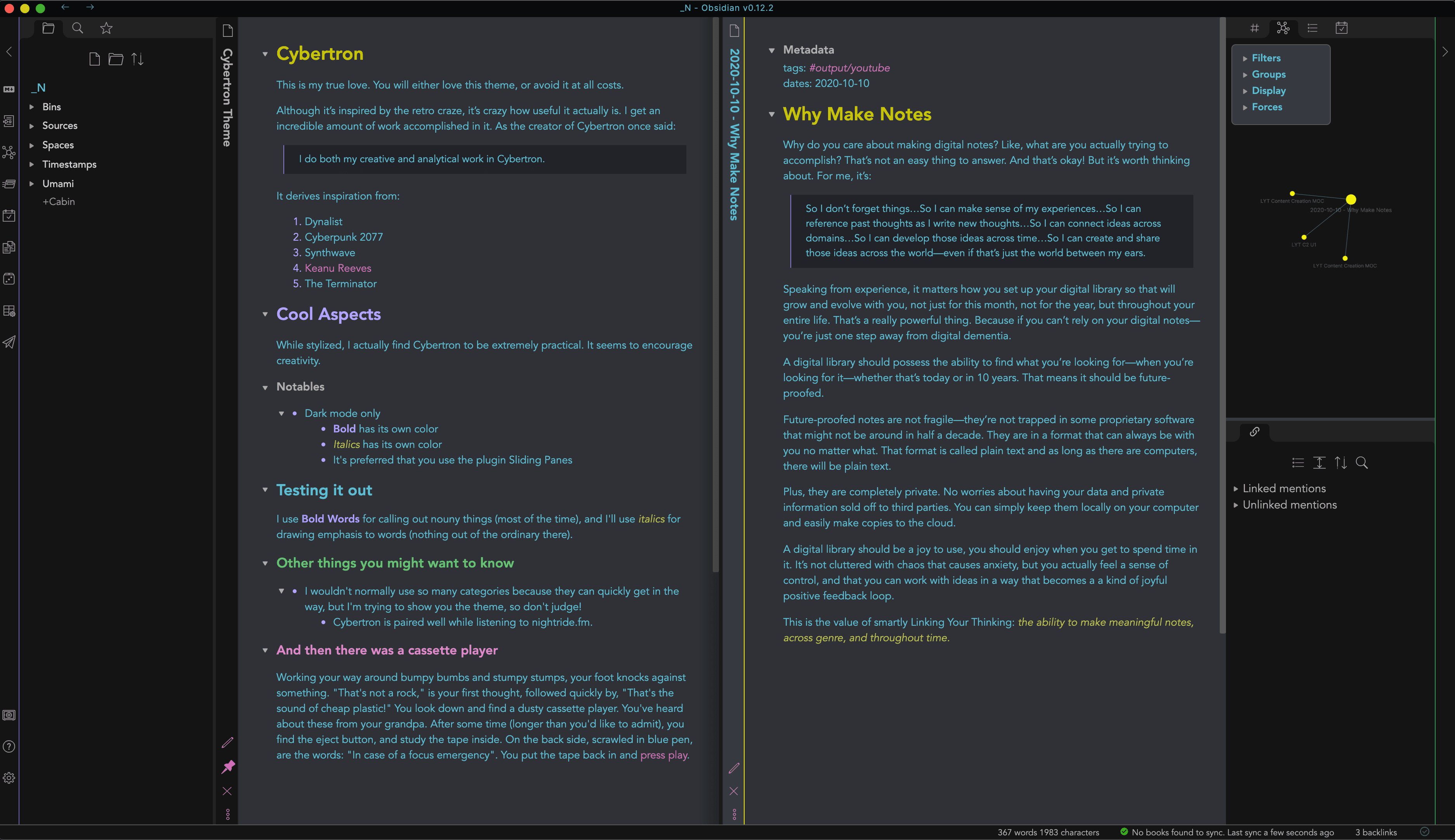 Screenshot of the Cybertron Obsidian theme