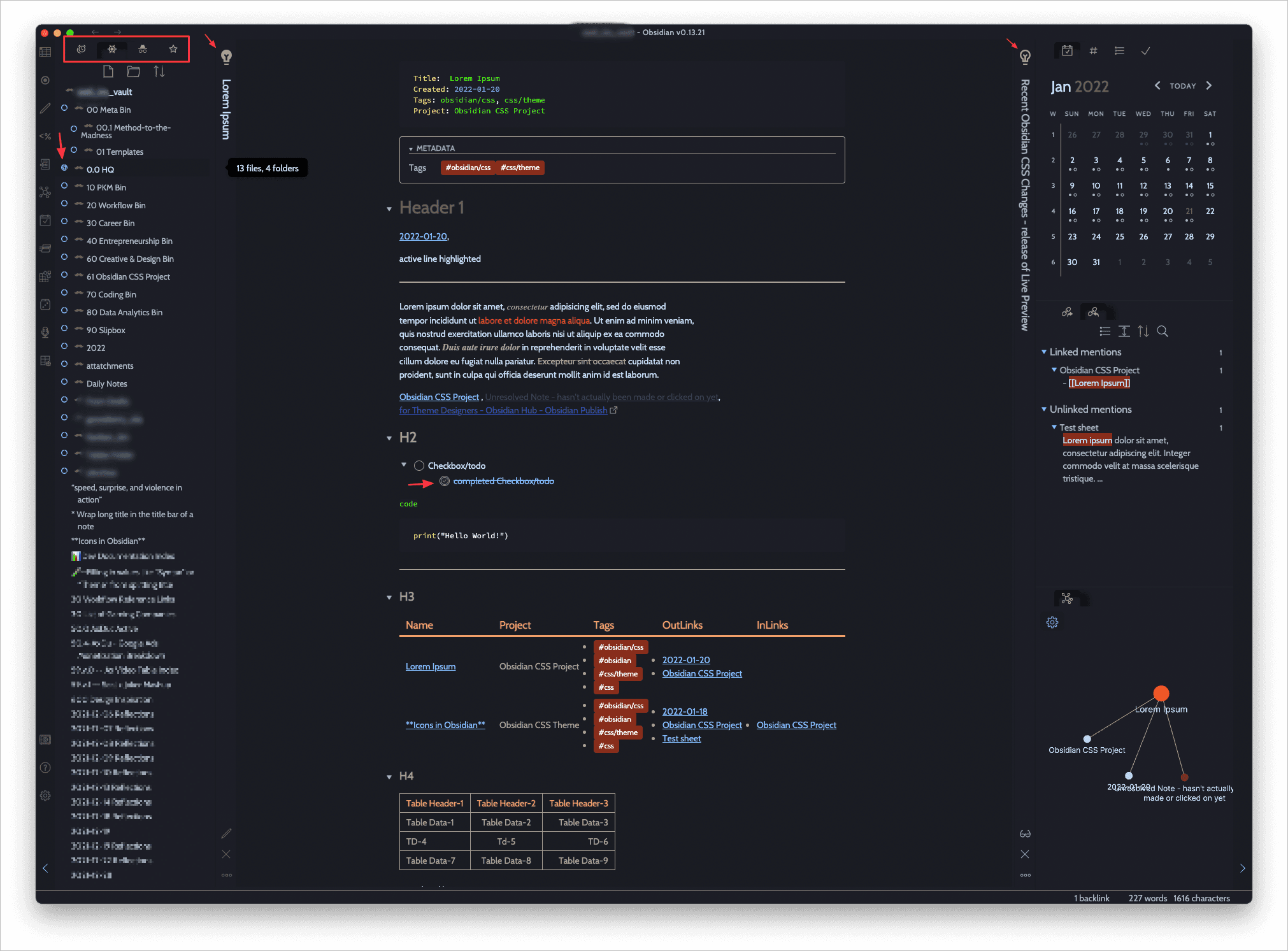 Screenshot of the Carpe Noctem Obsidian theme