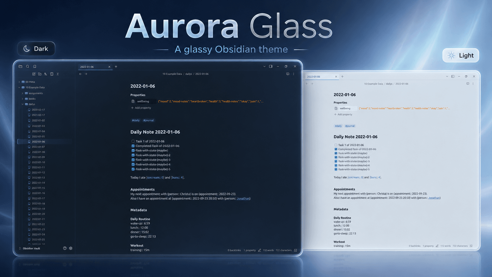 Screenshot of the Aurora Glass Obsidian theme