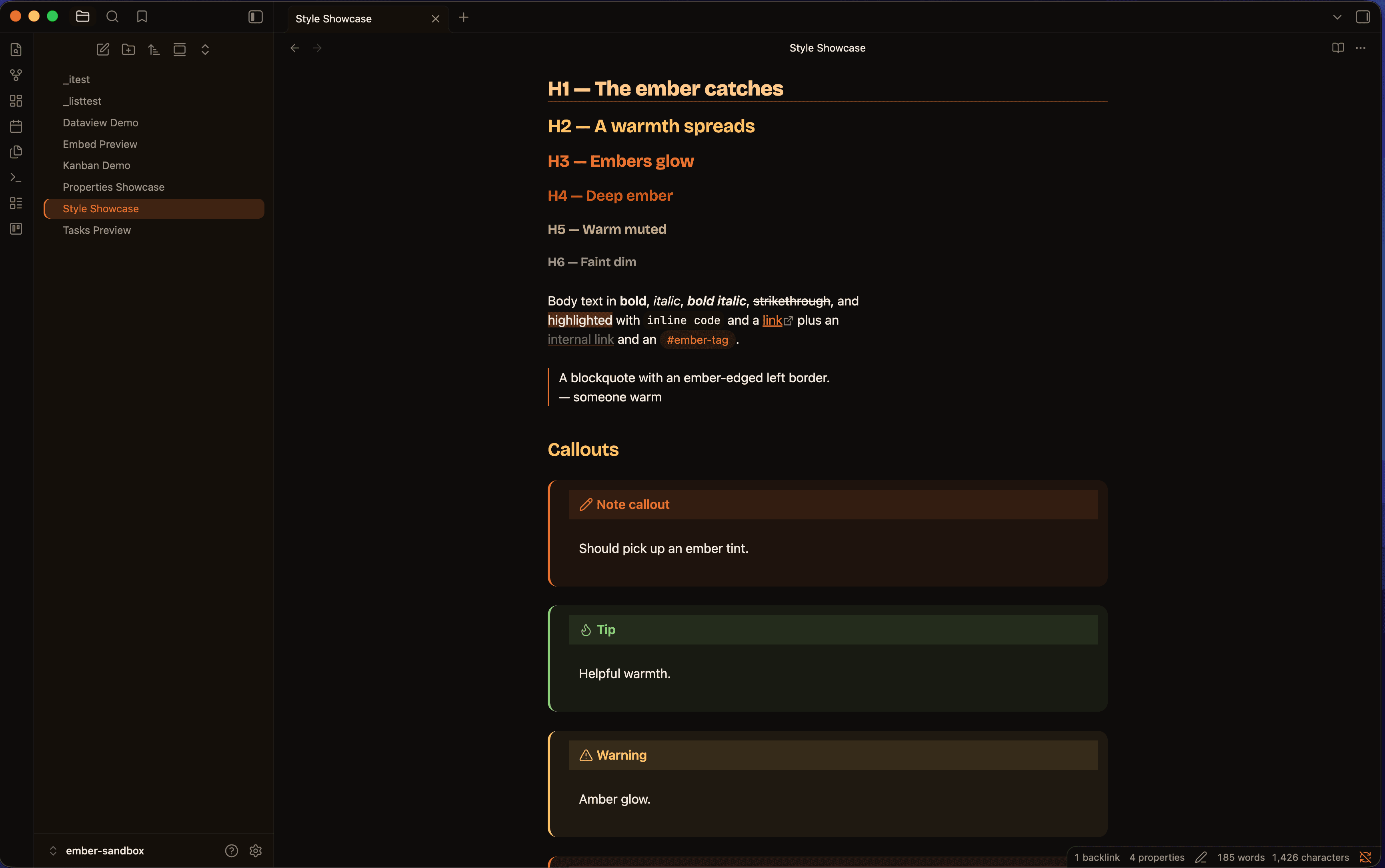 Screenshot of the Ember Obsidian theme