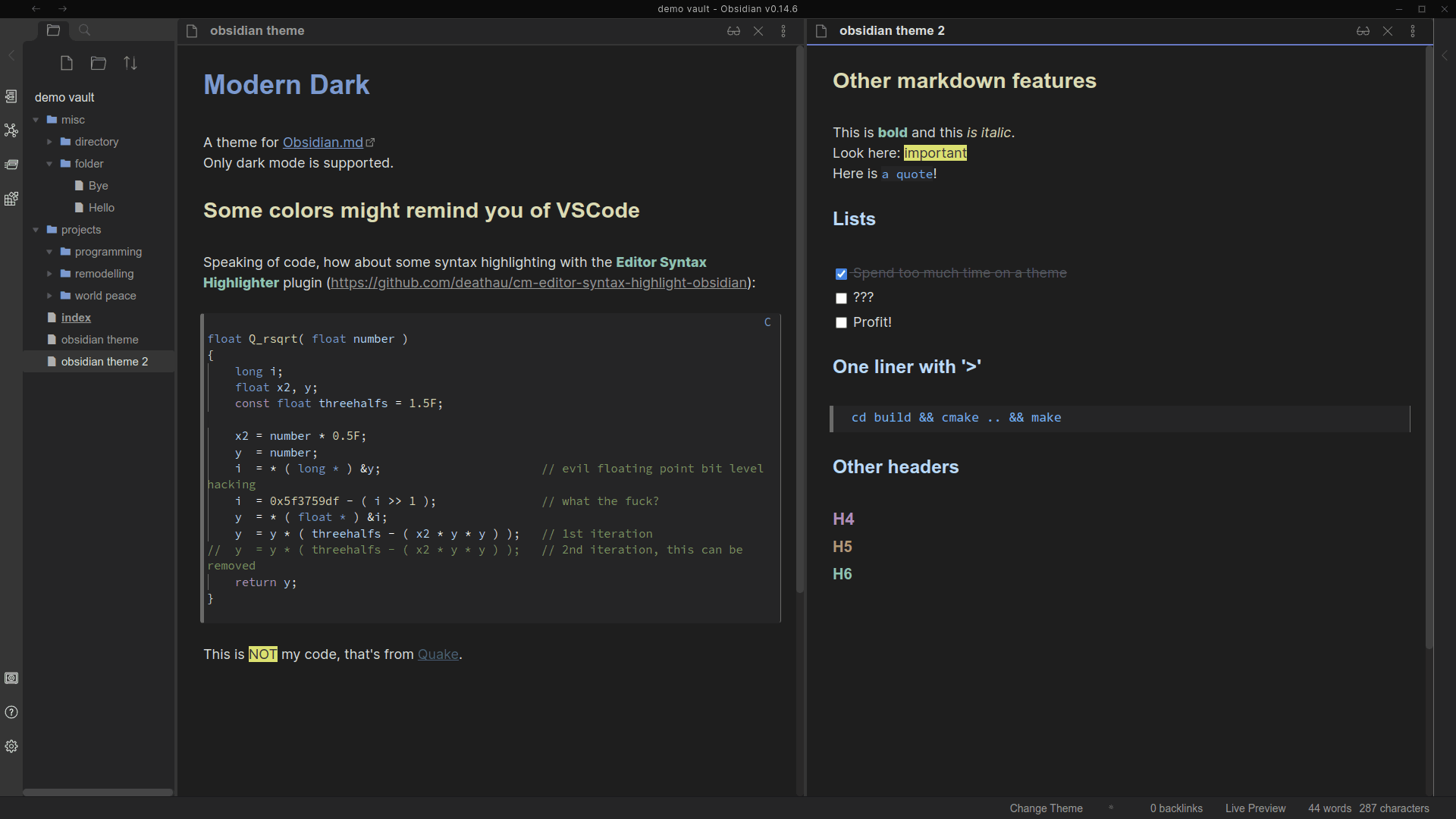 Screenshot of the Modern Dark Obsidian theme