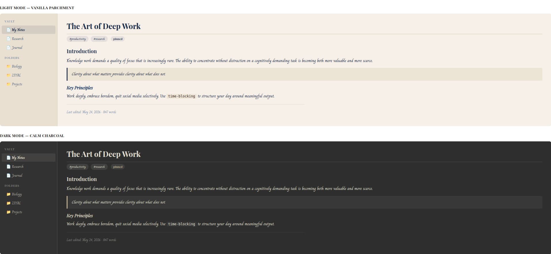Screenshot of the Vellum Obsidian theme