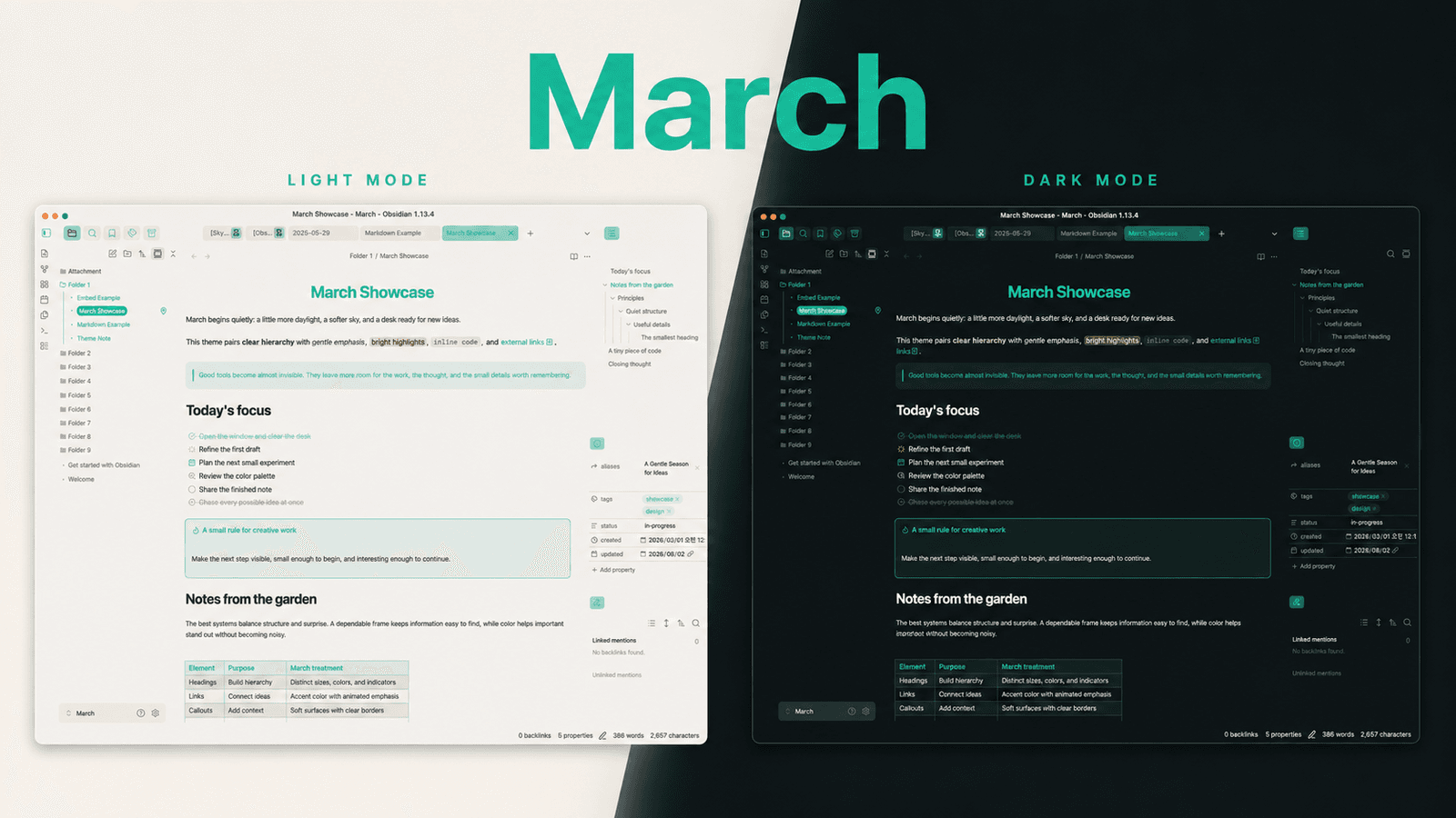 Screenshot of the March Obsidian theme