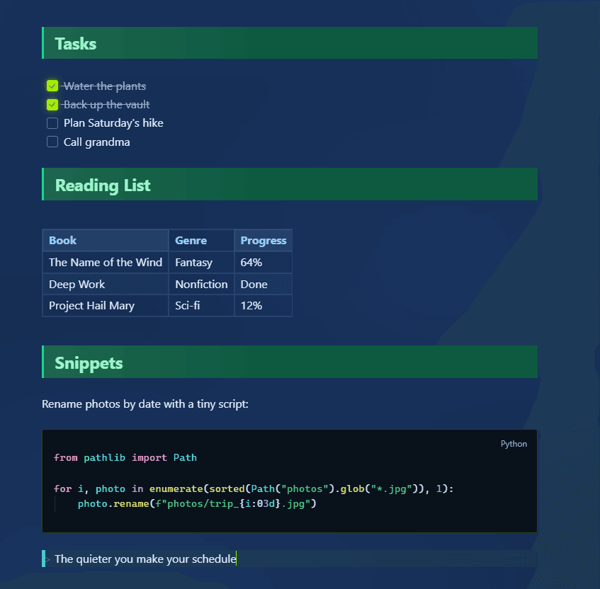 Screenshot of the SAzure Glass Obsidian theme