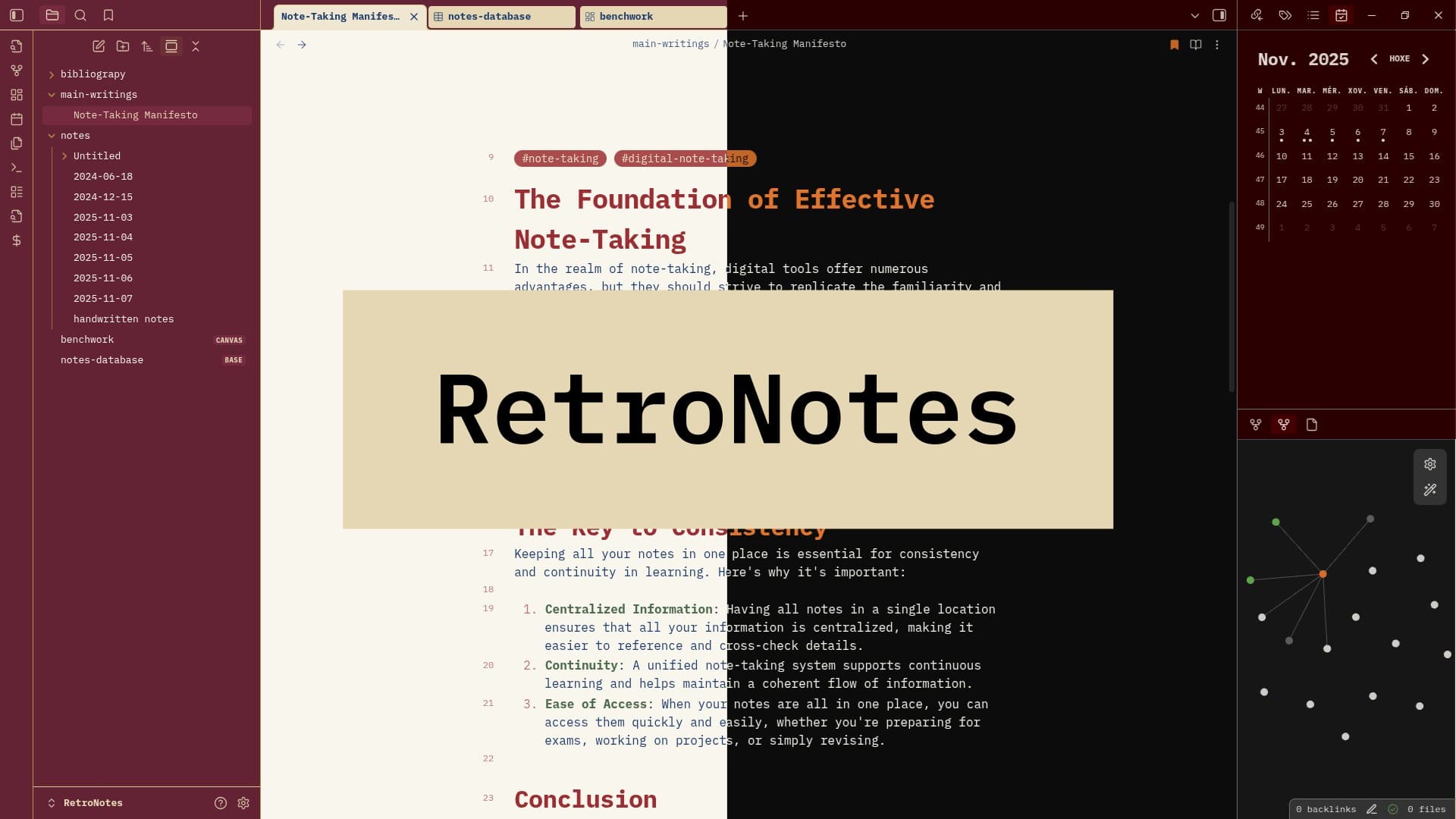 Screenshot of the RetroNotes Obsidian theme