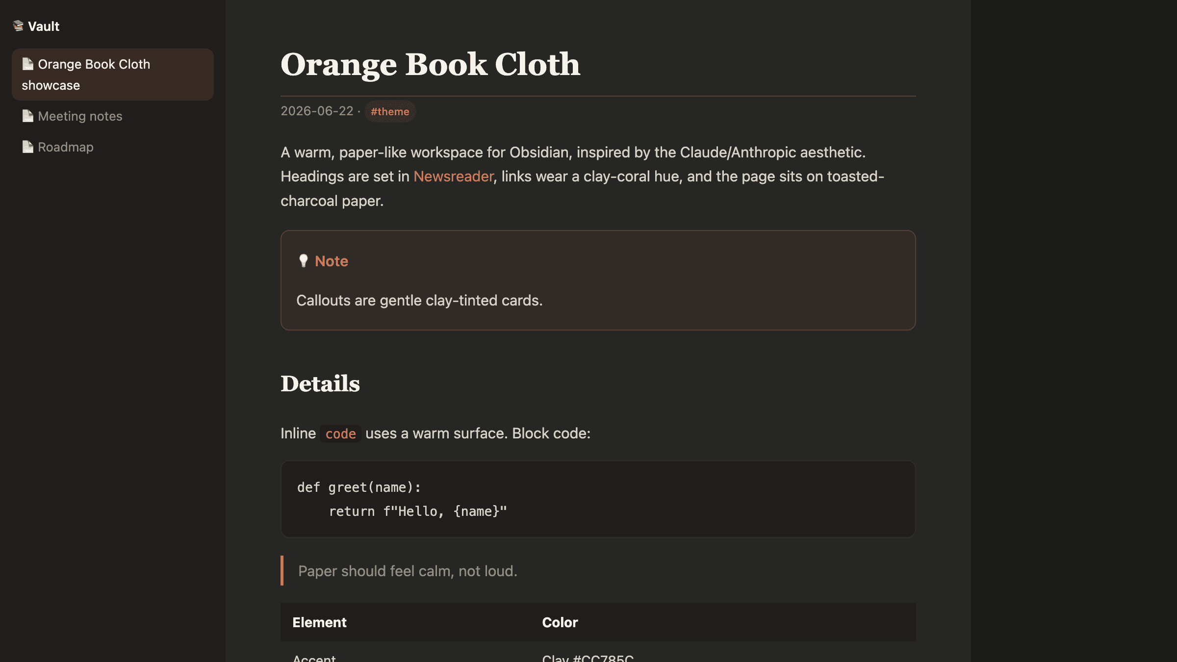 Screenshot of the Orange Book Cloth Obsidian theme