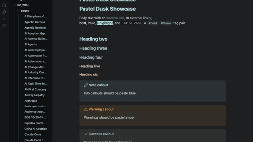 Screenshot of the Pastel Dusk Obsidian theme