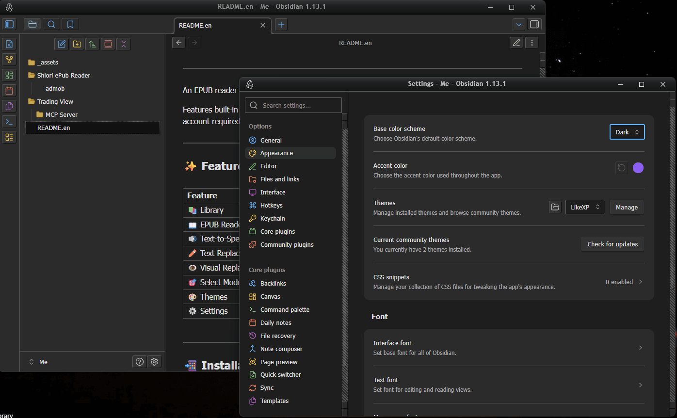 Screenshot of the LikeXP Obsidian theme