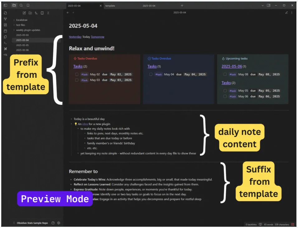An annotated Dayframe preview showing the template prefix, daily note content and template suffix